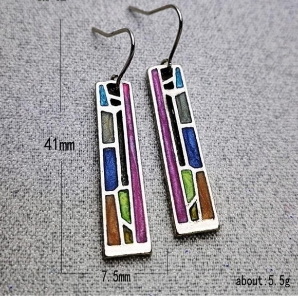 925 Sterling Silver Plated Geometric Colors Drop Earrings - Picture 2 of 2